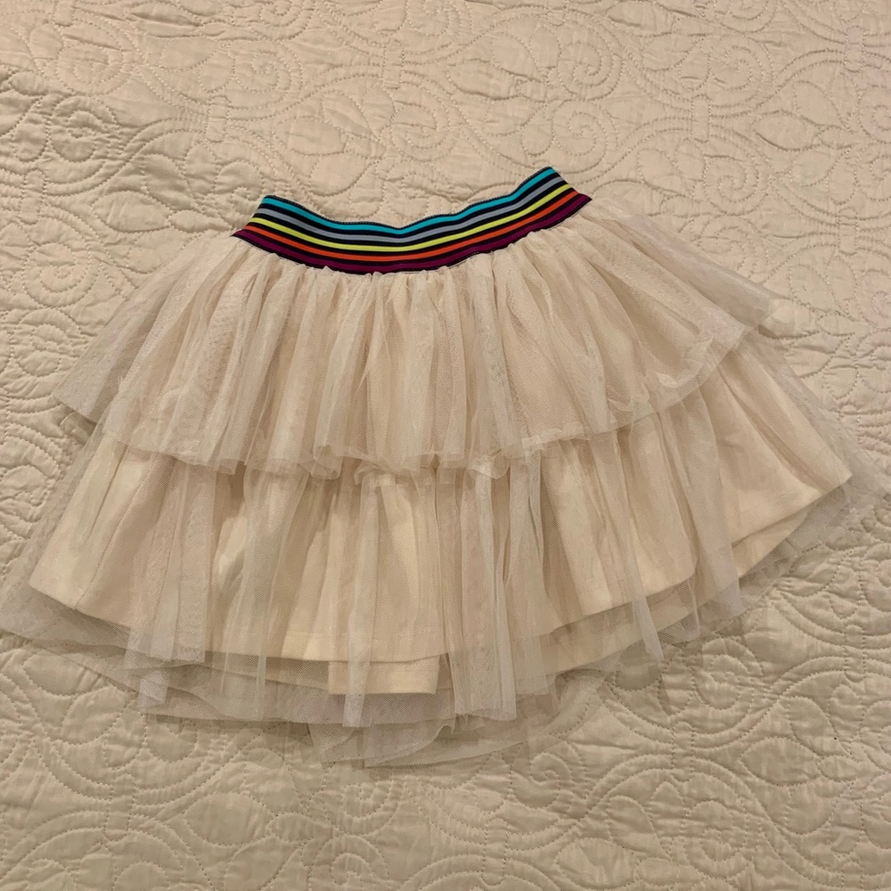 Cream white Layered Tulle Skirt with Rainbow Waistband